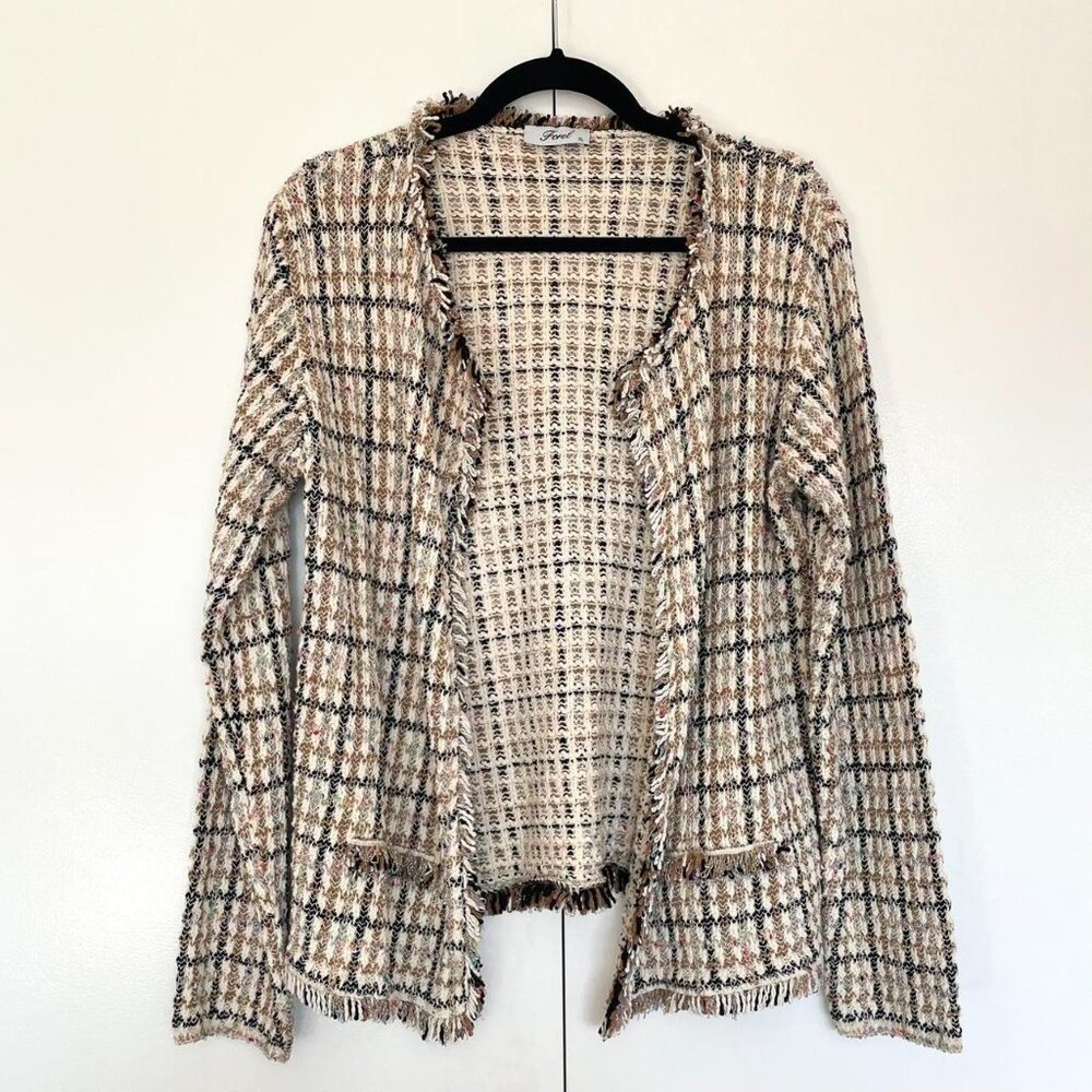 Cream & black plaid tweed metallic fringe blazer cardigan | Size XL - Picture 5 of 8